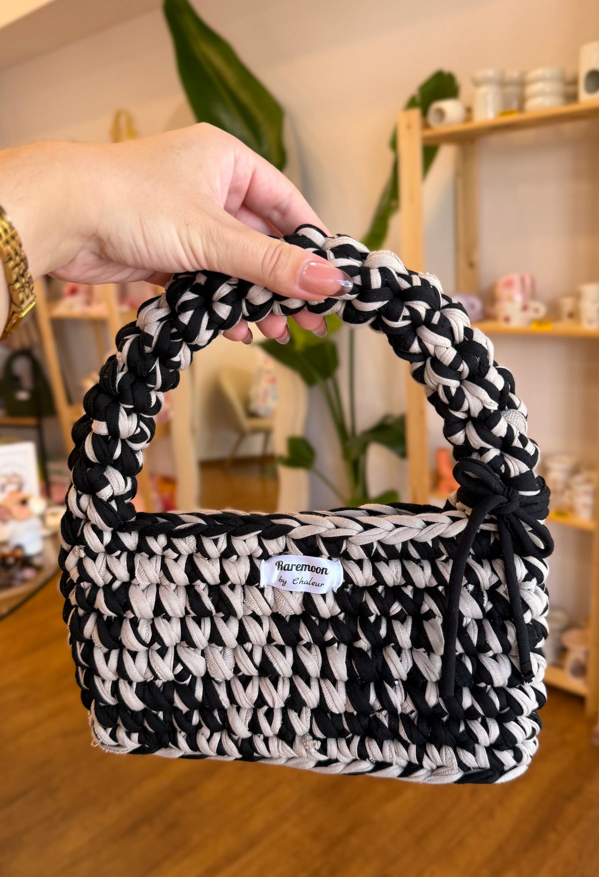 Beige-black handmade bag