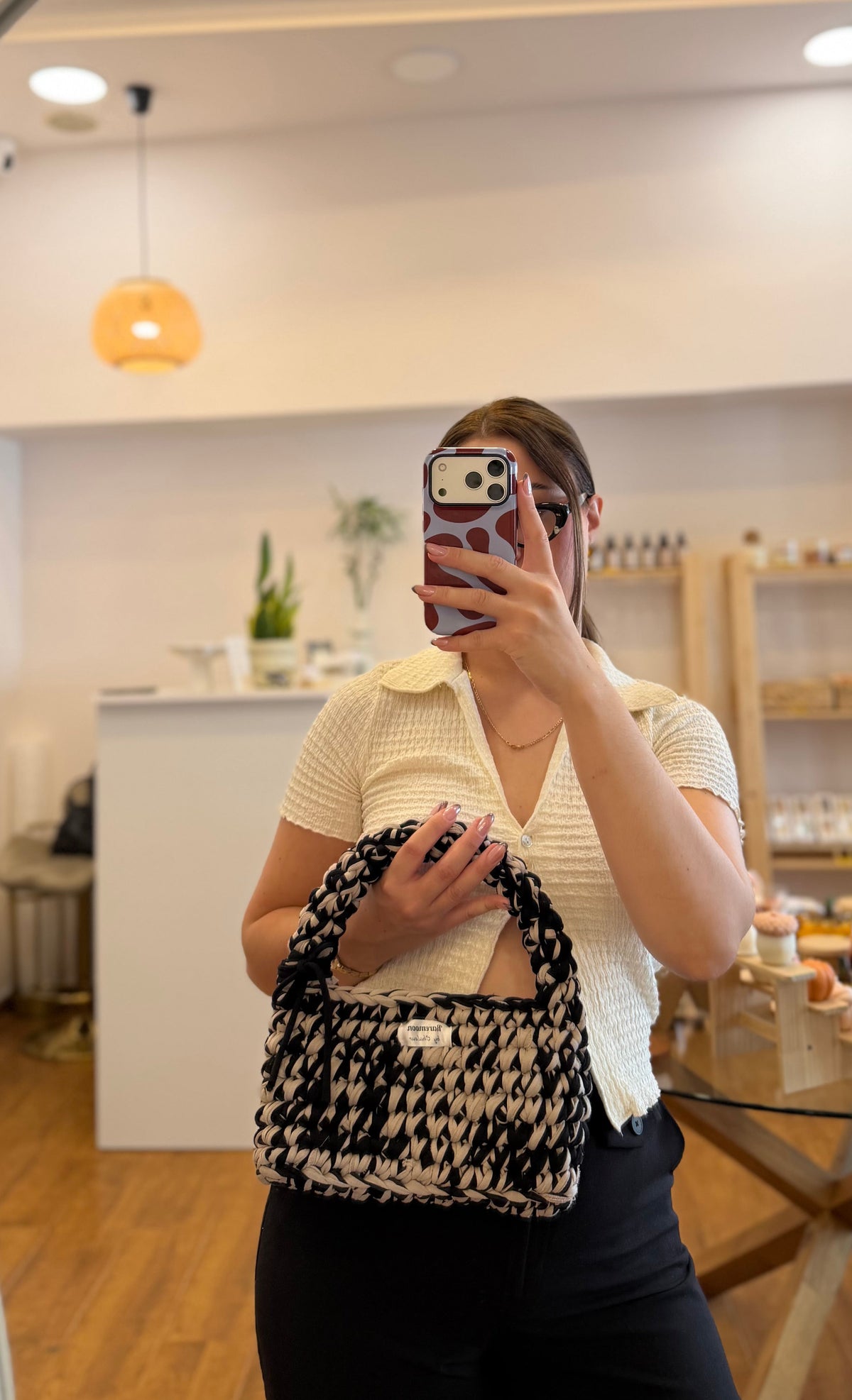 Beige-black handmade bag